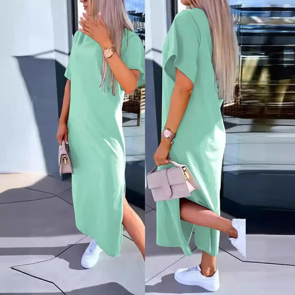 Simple O Neck Short Sleeve Solid Dress For Women Casual Summer Loose Split Long Dress